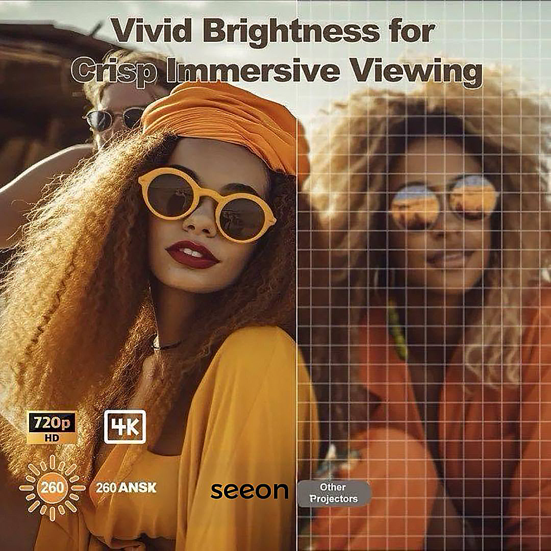 SEEON 4K UItra Portable Projector with Electronic Focus 720P 260ANSI Speaker Android11 BT5.4 180° flexible Home Outdoor